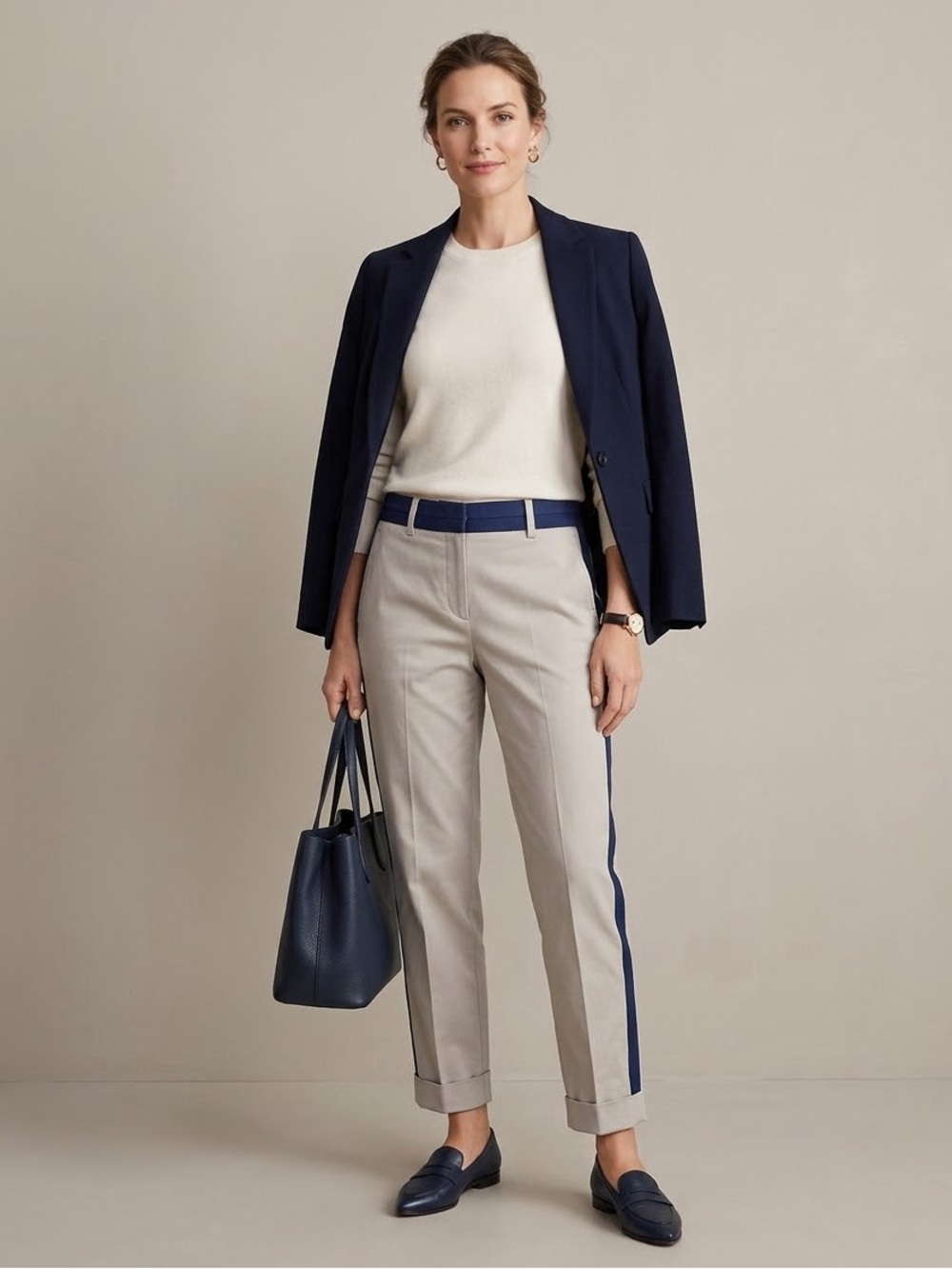 Silvia Tcherassi Beige Cropped Tuxedo Pants with Cobalt Blue Side Stripe‎ size S